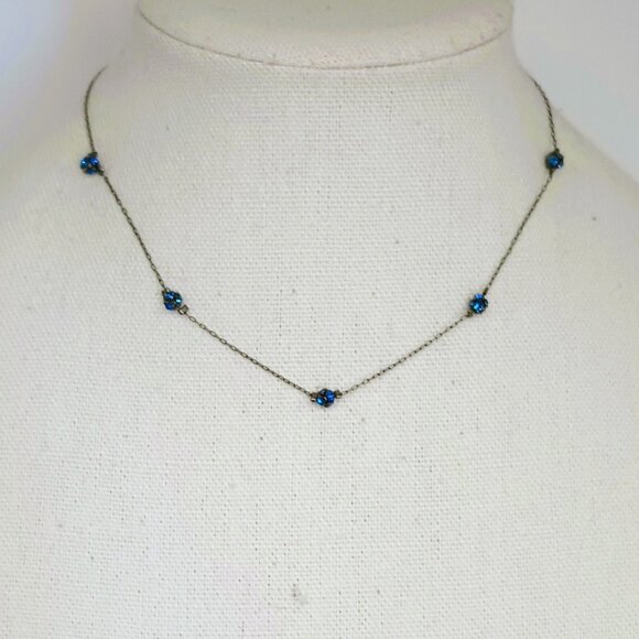 1928 Blue Cluster Bead Station Necklace 16" Dainty Choker Vintage Look - Picture 7 of 8